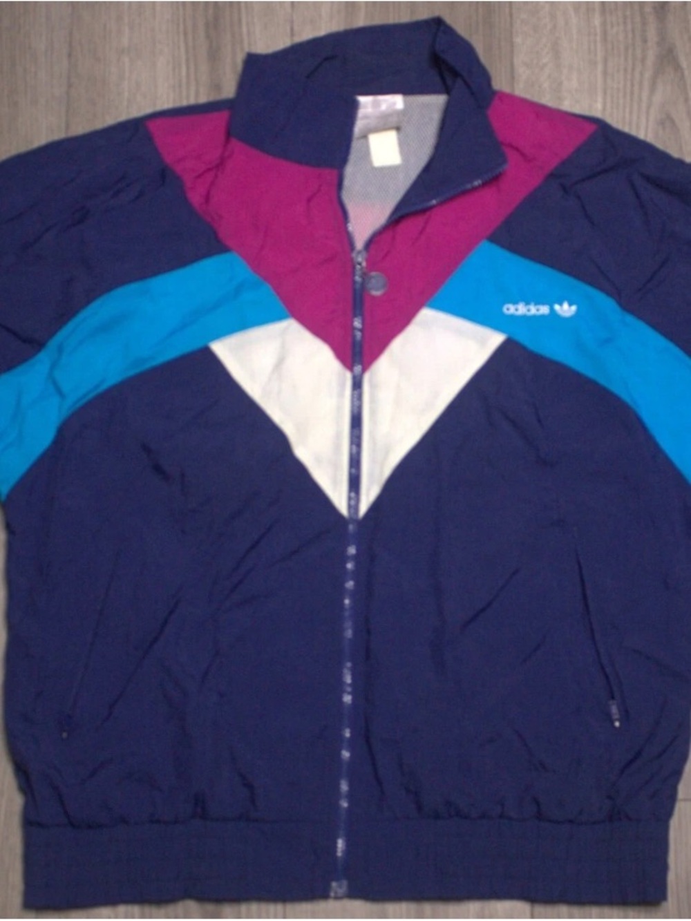 Vintage 1980’s Adidas Colorblock Windbreaker Navy,Aqua,Magenta & White AXL